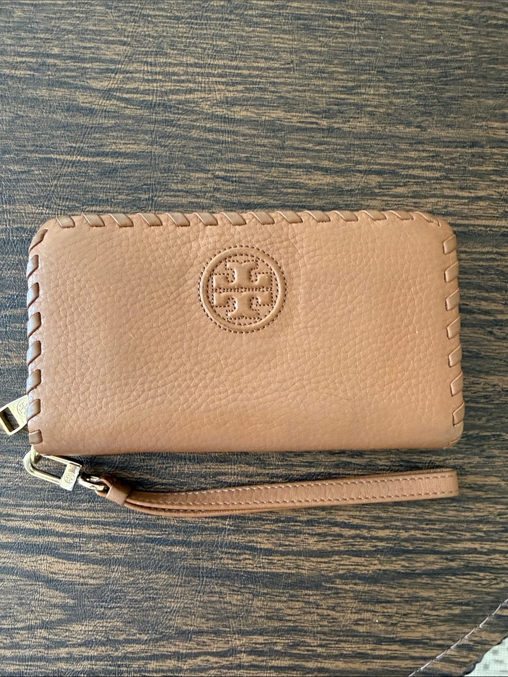 Tory Burch Cognac Leather Zip Wristlet with Whipstitch Trim